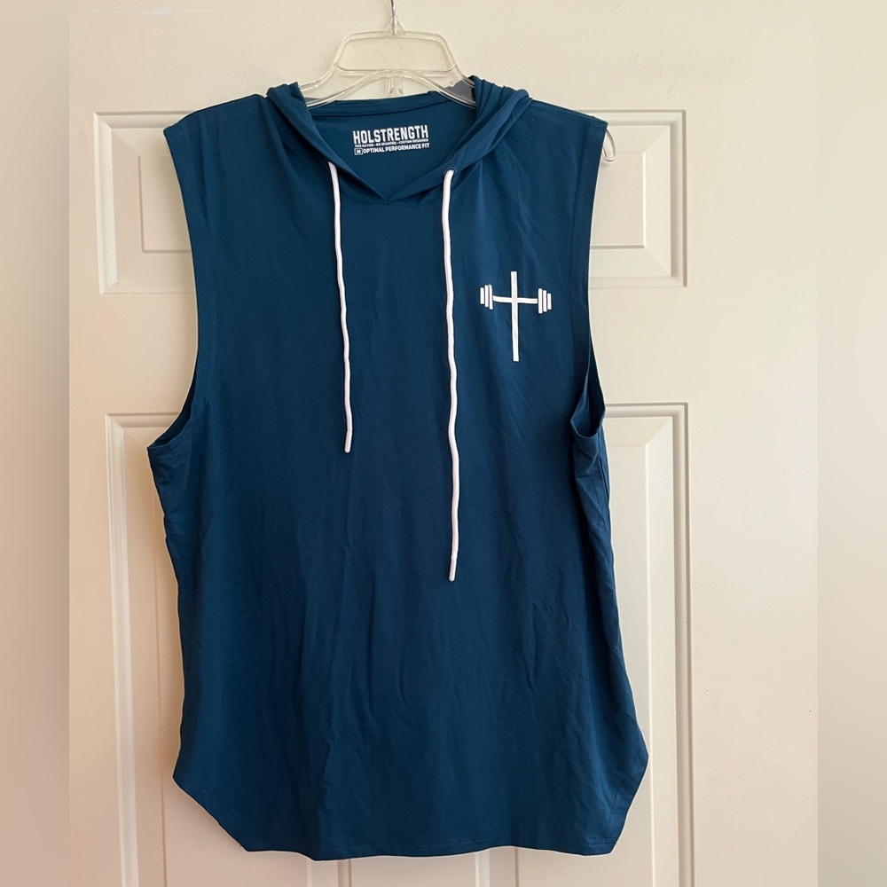 Men’s Holstrength teal performance stretch sleeves hoodie shirt. Size medium